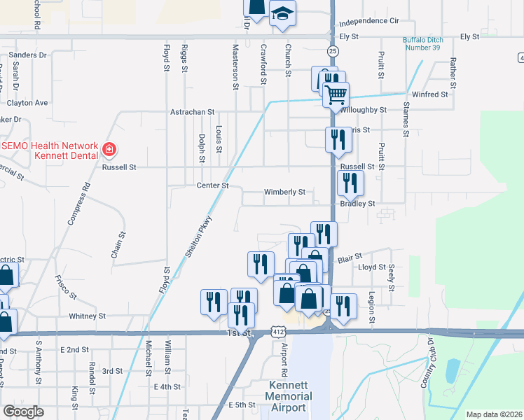 map of restaurants, bars, coffee shops, grocery stores, and more near 1516 Bradley Street in Kennett