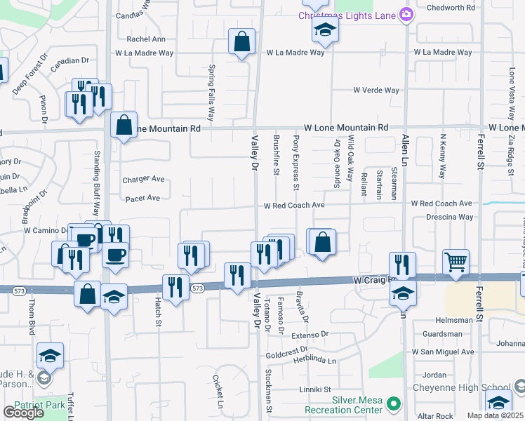 map of restaurants, bars, coffee shops, grocery stores, and more near 4605 Valley Drive in North Las Vegas