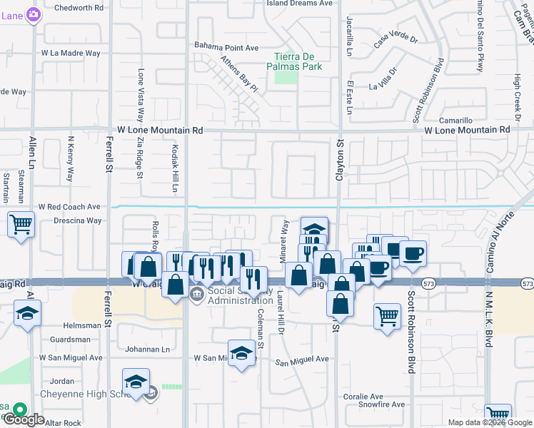 map of restaurants, bars, coffee shops, grocery stores, and more near 4547 Powell Point Way in North Las Vegas