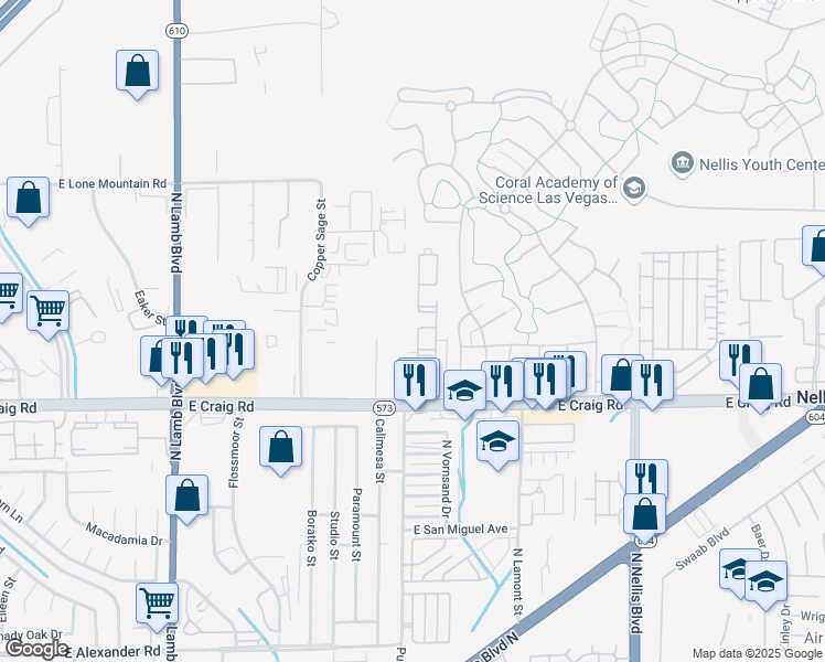 map of restaurants, bars, coffee shops, grocery stores, and more near 4730 East Craig Road in Las Vegas