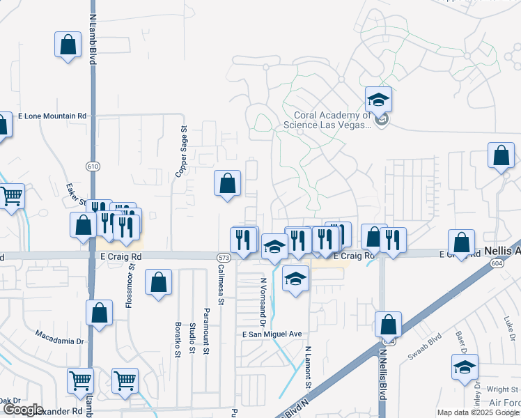 map of restaurants, bars, coffee shops, grocery stores, and more near 4730 East Craig Road in Las Vegas