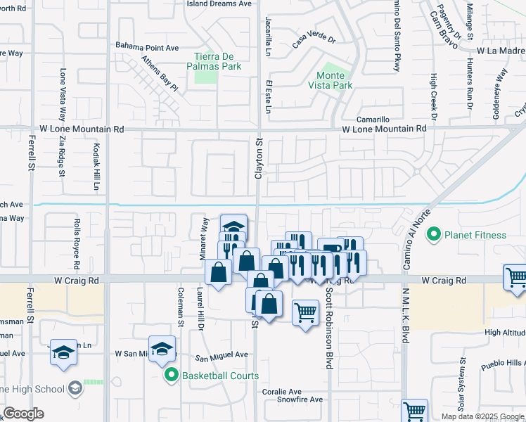 map of restaurants, bars, coffee shops, grocery stores, and more near 4553 Anspach Street in North Las Vegas