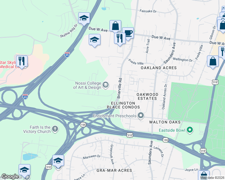 map of restaurants, bars, coffee shops, grocery stores, and more near 500 Creative Way in Nashville