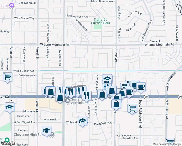 map of restaurants, bars, coffee shops, grocery stores, and more near 4547 Powell Point Way in North Las Vegas