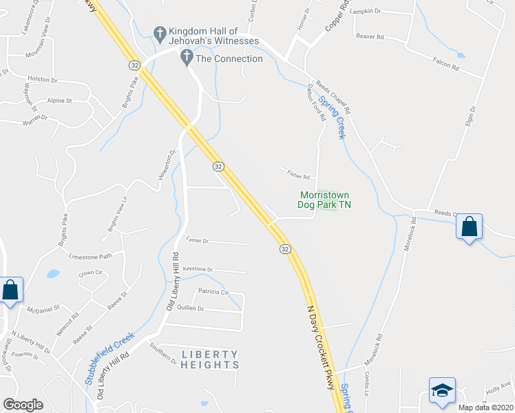 map of restaurants, bars, coffee shops, grocery stores, and more near North Davy Crockett Parkway in Morristown