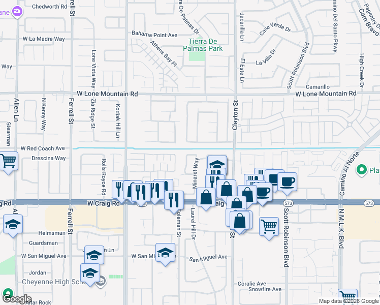 map of restaurants, bars, coffee shops, grocery stores, and more near 2320 High Uintas Drive in North Las Vegas