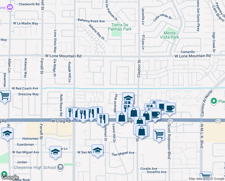 map of restaurants, bars, coffee shops, grocery stores, and more near 2324 High Uintas Drive in North Las Vegas