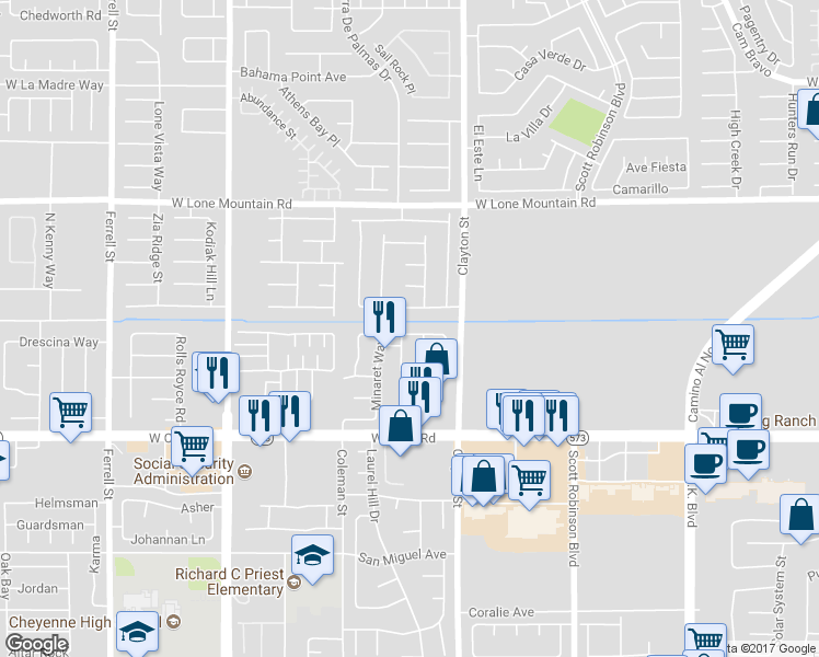 map of restaurants, bars, coffee shops, grocery stores, and more near 2118 Big Boulder Drive in North Las Vegas