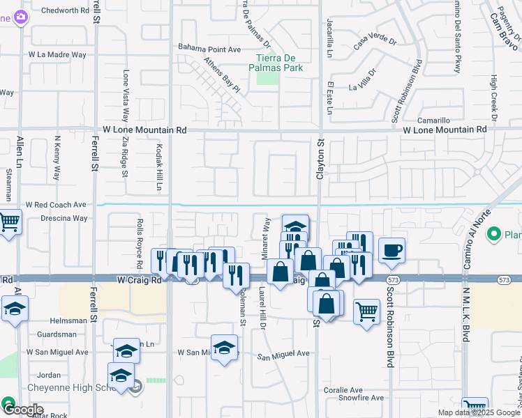 map of restaurants, bars, coffee shops, grocery stores, and more near 2320 High Uintas Drive in North Las Vegas