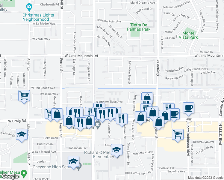 map of restaurants, bars, coffee shops, grocery stores, and more near 2604 Rainy Meadows Avenue in North Las Vegas