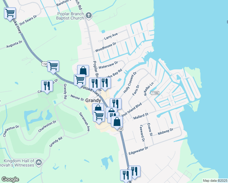 map of restaurants, bars, coffee shops, grocery stores, and more near 104 Mimosa Ln in Grandy