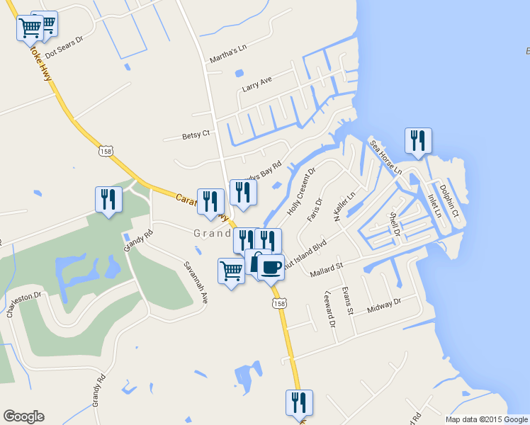 map of restaurants, bars, coffee shops, grocery stores, and more near 104 Mimosa Ln in Grandy
