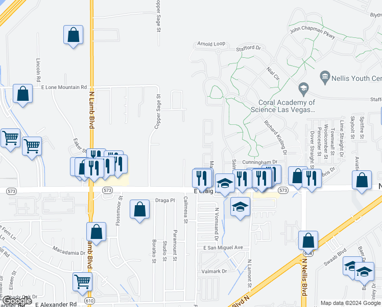 map of restaurants, bars, coffee shops, grocery stores, and more near 4548 Calimesa Street in Las Vegas
