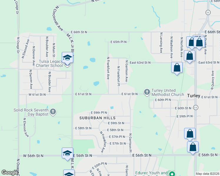 map of restaurants, bars, coffee shops, grocery stores, and more near 6105 North Frankfort Avenue in Tulsa