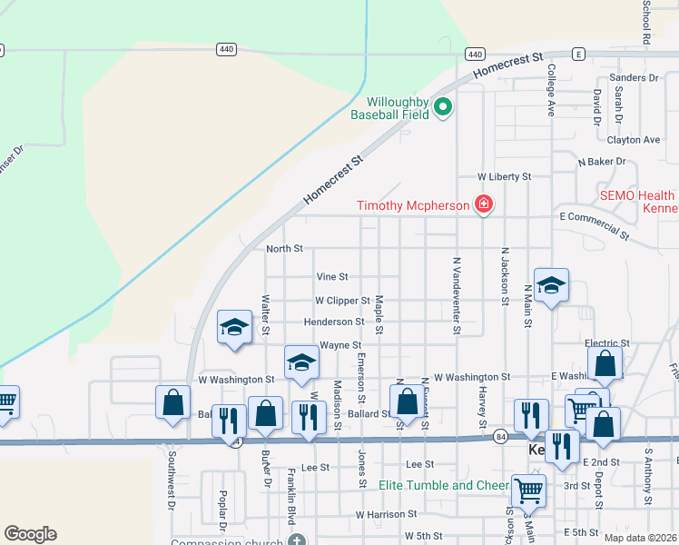 map of restaurants, bars, coffee shops, grocery stores, and more near 814 Vine Street in Kennett