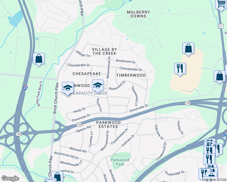 map of restaurants, bars, coffee shops, grocery stores, and more near 3281 Rainwood Drive in Nashville