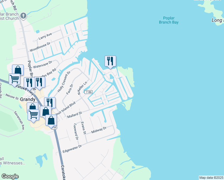map of restaurants, bars, coffee shops, grocery stores, and more near 121 Coral Court in Grandy