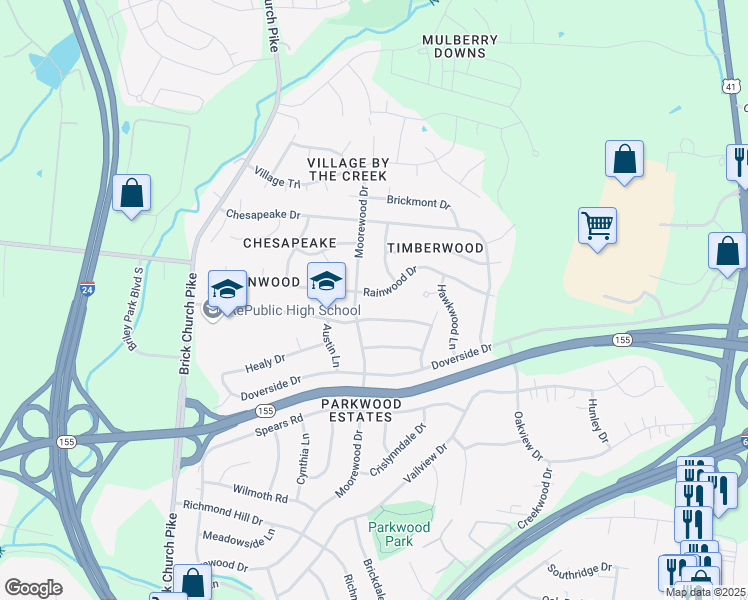 map of restaurants, bars, coffee shops, grocery stores, and more near 3285 Rainwood Drive in Nashville