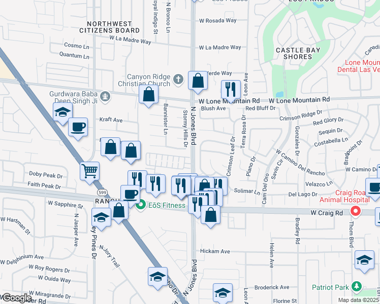 map of restaurants, bars, coffee shops, grocery stores, and more near 4600 Stormy Hills Drive in Las Vegas