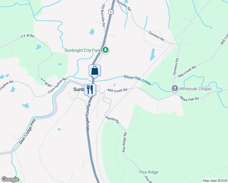 map of restaurants, bars, coffee shops, grocery stores, and more near 321 Mill Creek Road in Sunbright