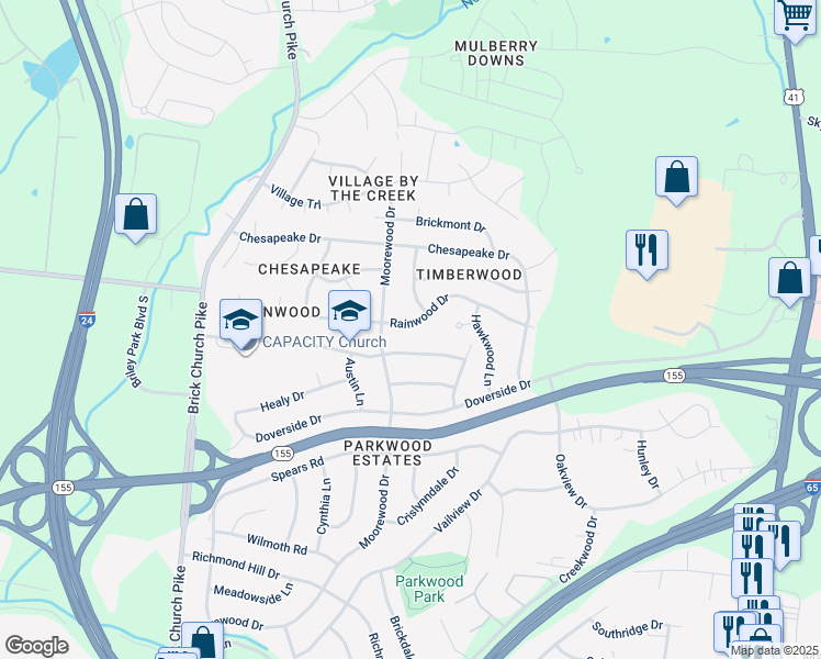 map of restaurants, bars, coffee shops, grocery stores, and more near 3277 Rainwood Drive in Nashville
