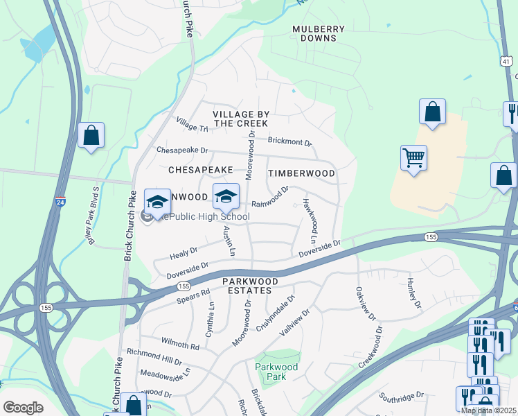 map of restaurants, bars, coffee shops, grocery stores, and more near 3285 Rainwood Drive in Nashville