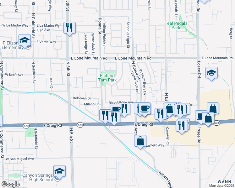 map of restaurants, bars, coffee shops, grocery stores, and more near 1104 Stoneypeak Avenue in North Las Vegas