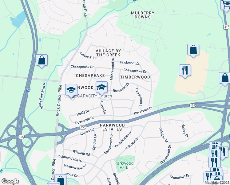 map of restaurants, bars, coffee shops, grocery stores, and more near 3289 Rainwood Drive in Nashville