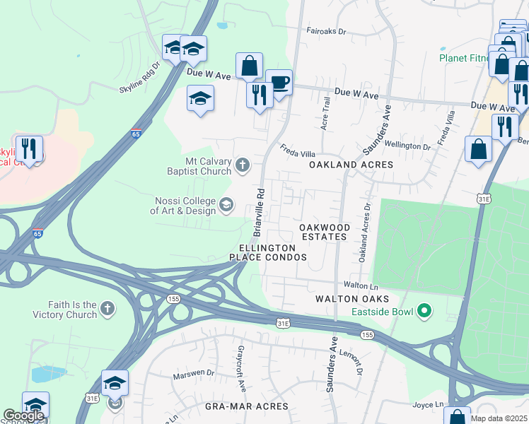 map of restaurants, bars, coffee shops, grocery stores, and more near 1331 Briarville Road in Nashville