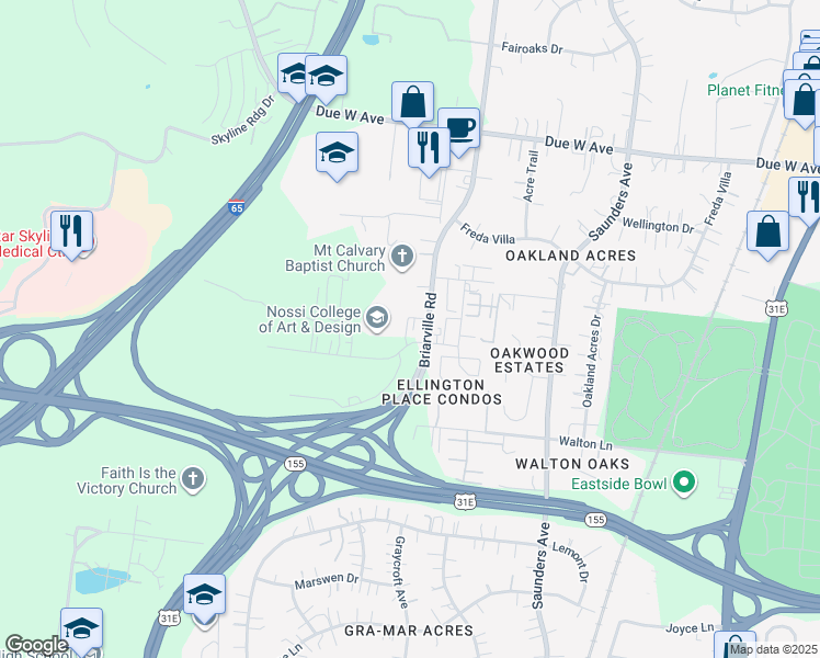 map of restaurants, bars, coffee shops, grocery stores, and more near 1310 Briarville Road in Nashville