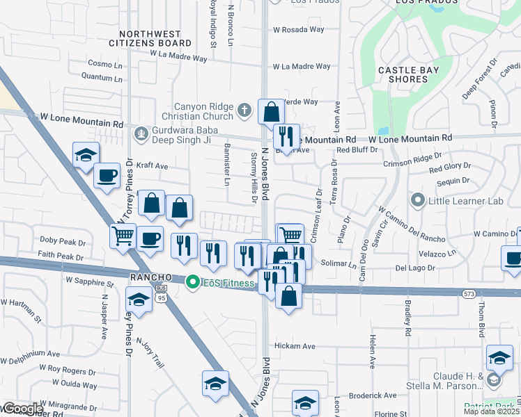 map of restaurants, bars, coffee shops, grocery stores, and more near 4600 Stormy Hills Drive in Las Vegas