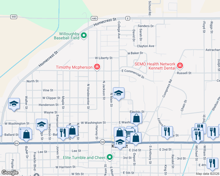 map of restaurants, bars, coffee shops, grocery stores, and more near 613 North Main Street in Kennett