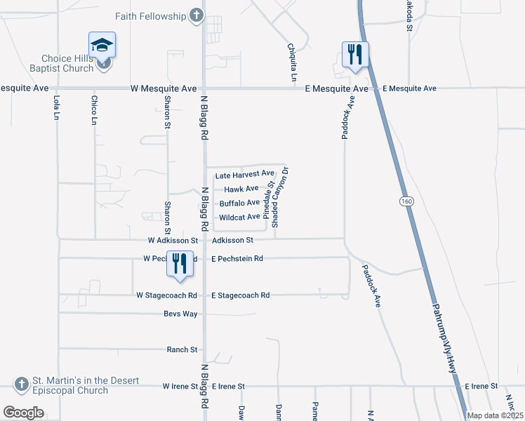 map of restaurants, bars, coffee shops, grocery stores, and more near 184 Wildcat Avenue in Pahrump