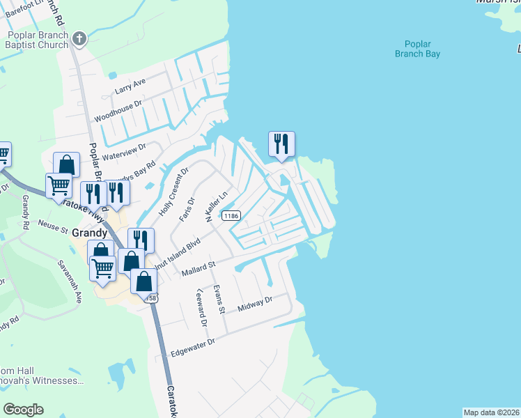map of restaurants, bars, coffee shops, grocery stores, and more near 149 Shell Dr in Grandy