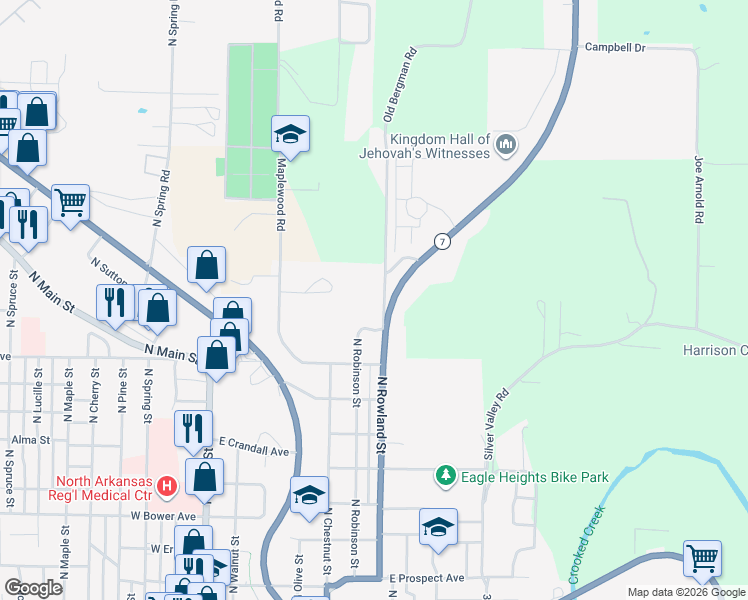 map of restaurants, bars, coffee shops, grocery stores, and more near 1108 Old Bergman Road in Harrison