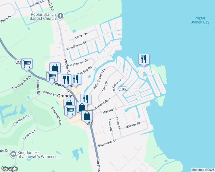 map of restaurants, bars, coffee shops, grocery stores, and more near 120 Faris Drive in Grandy