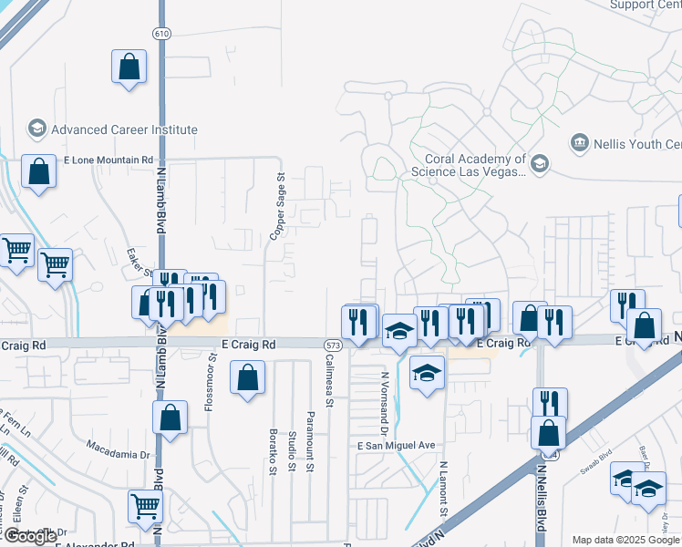 map of restaurants, bars, coffee shops, grocery stores, and more near 4548 Calimesa Street in Las Vegas