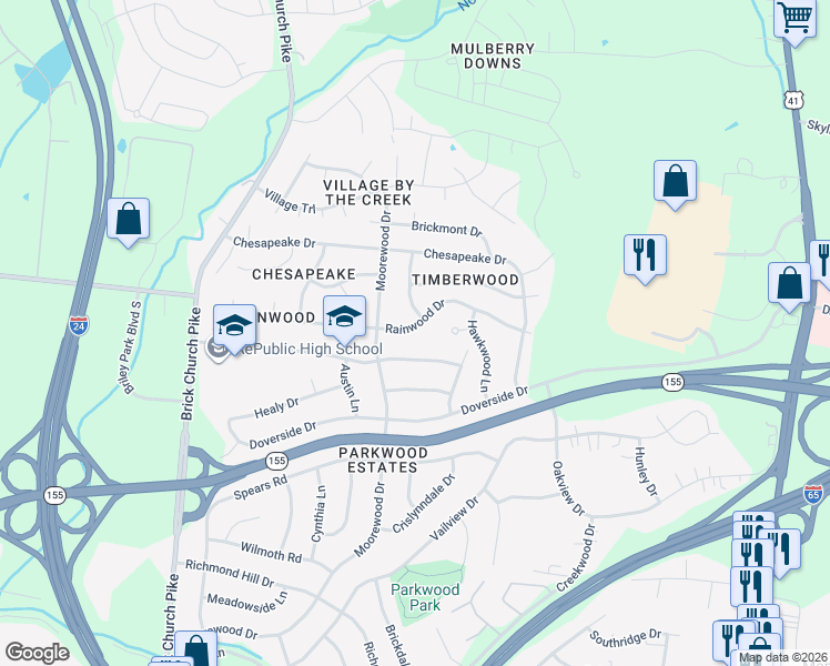 map of restaurants, bars, coffee shops, grocery stores, and more near 3269 Rainwood Drive in Nashville