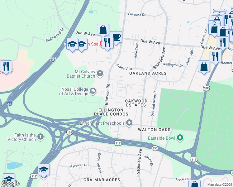 map of restaurants, bars, coffee shops, grocery stores, and more near 1524 Lewis Road in Nashville