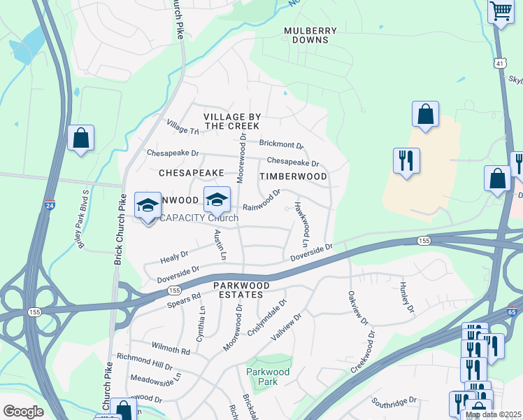 map of restaurants, bars, coffee shops, grocery stores, and more near 3269 Rainwood Drive in Nashville