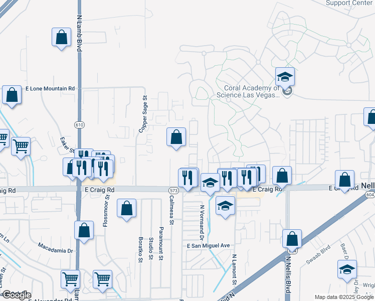 map of restaurants, bars, coffee shops, grocery stores, and more near 4730 East Craig Road in Las Vegas