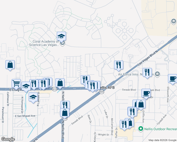 map of restaurants, bars, coffee shops, grocery stores, and more near 4536 Aviation Street in Las Vegas