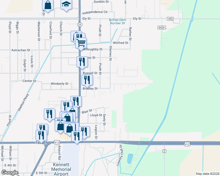 map of restaurants, bars, coffee shops, grocery stores, and more near 700 Starnes Street in Kennett