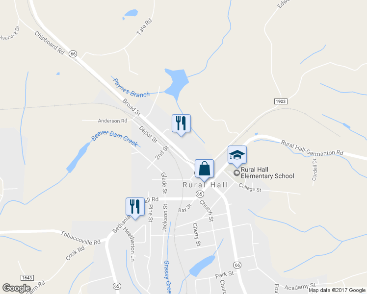 map of restaurants, bars, coffee shops, grocery stores, and more near 8175 Broad St in Rural Hall