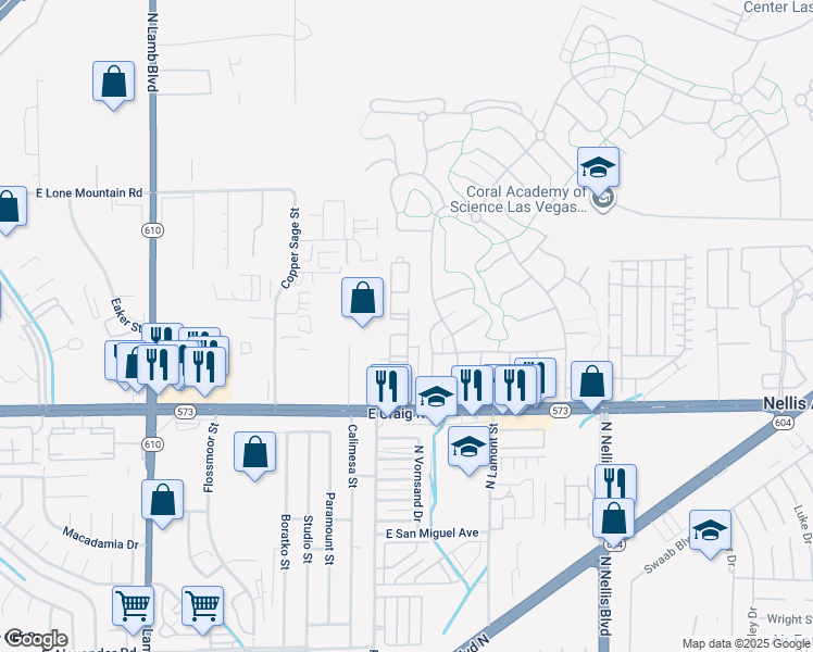 map of restaurants, bars, coffee shops, grocery stores, and more near 4730 East Craig Road in Las Vegas