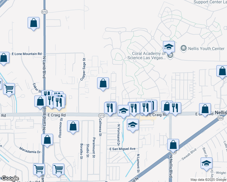 map of restaurants, bars, coffee shops, grocery stores, and more near 4730 East Craig Road in Las Vegas