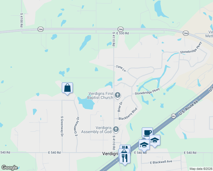 map of restaurants, bars, coffee shops, grocery stores, and more near 25472 South 4110 Road in Claremore
