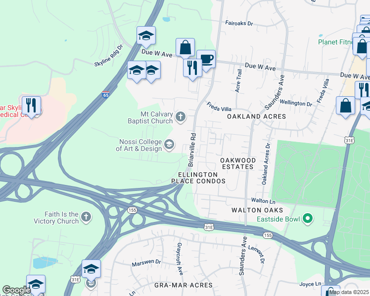 map of restaurants, bars, coffee shops, grocery stores, and more near 1310 Briarville Road in Nashville