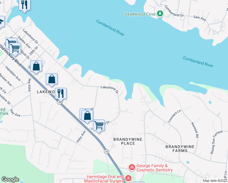 map of restaurants, bars, coffee shops, grocery stores, and more near 3214 Lakeshore Drive in Nashville