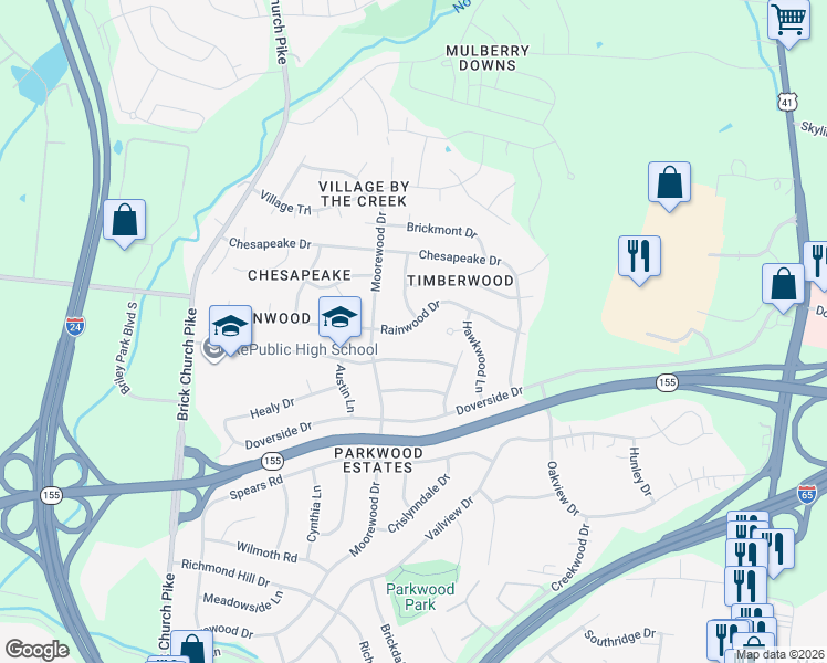 map of restaurants, bars, coffee shops, grocery stores, and more near 3265 Rainwood Drive in Nashville